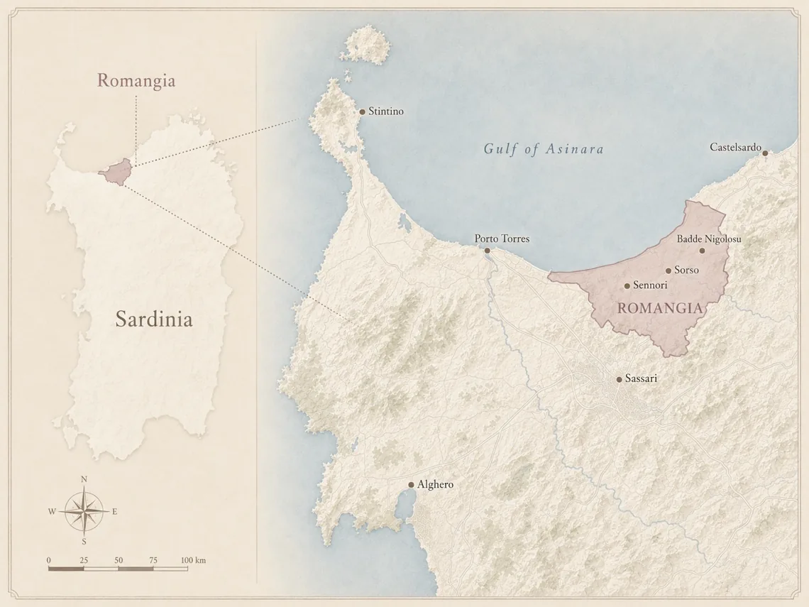 Mappa della Romangia, costa nord della Sardegna: Porto Torres, Sorso, Sennori e Badde Nigolosu, con l'intera isola e la Romangia evidenziata.
